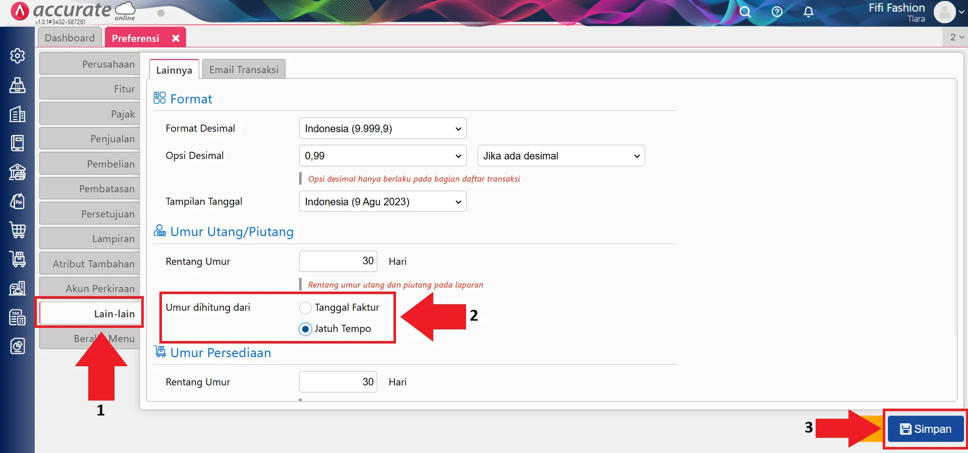 Kolom Umur (hr) di Daftar Faktur Penjualan